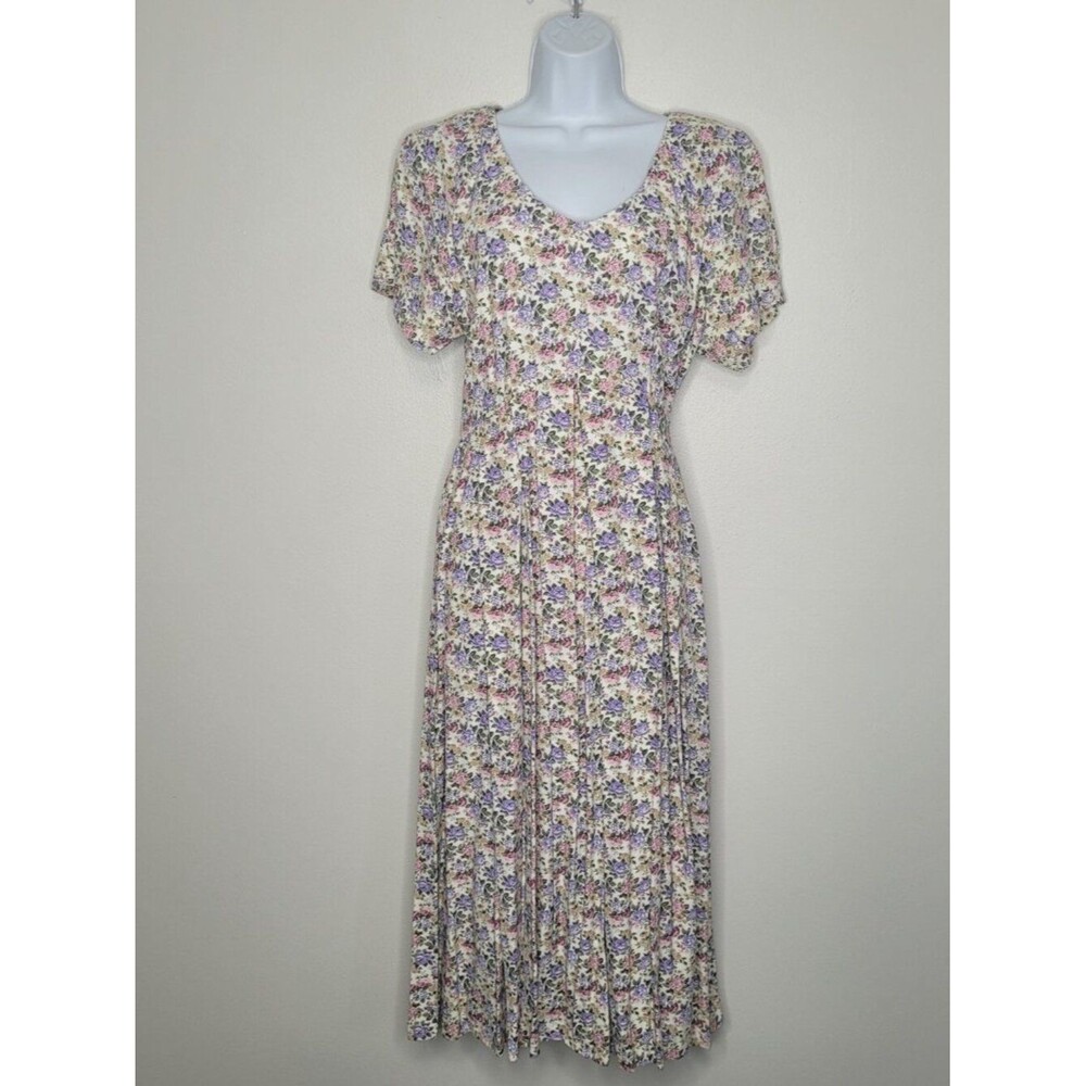 Vintage 90s Expo pink purple floral tie back tradwife modest midi dress size 10